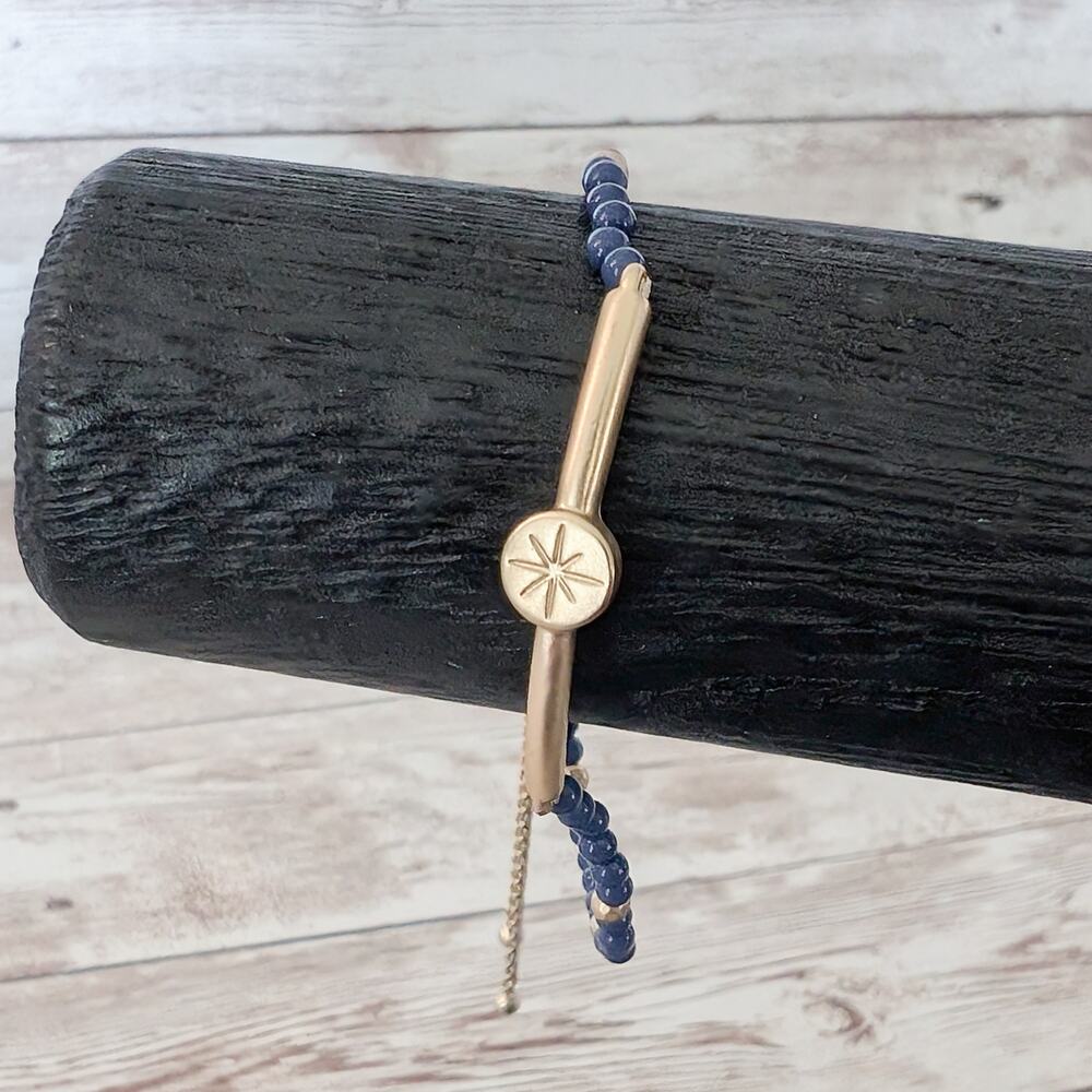 Blue & Gold Tone Adjustable Bracelet Compass Charm Dainty Bracelet - Stylish